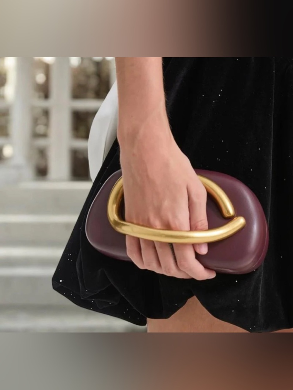 Women's Burgundy/Brown Leather Clutch with Gold Sculptural Handle. BRAND NEW.